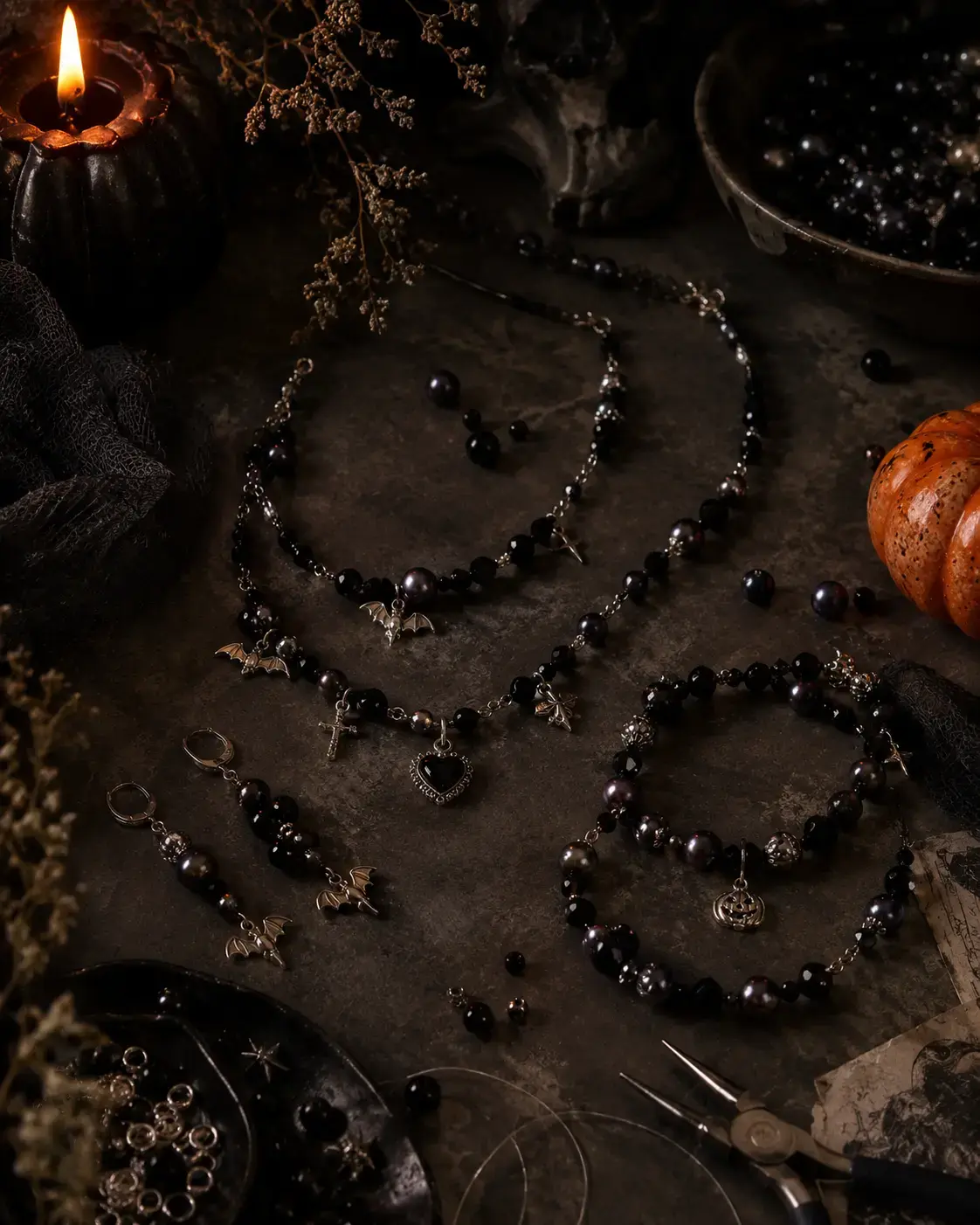 Halloween Decorations with Black Pearls & Ceramics